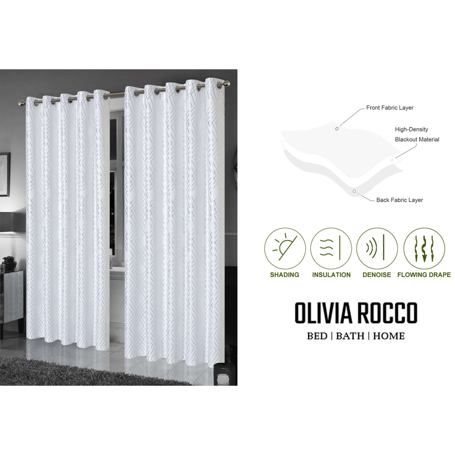 Rideaux occultants noirs à paillettes géométriques doux et isolants thermiques à œillets pour salon et chambre par OLIVIA ROCCO