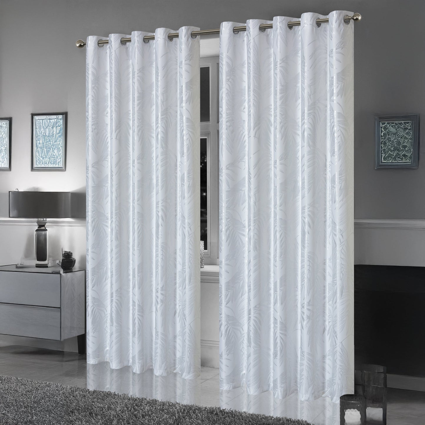 OLIVIA ROCCO – Rideaux occultants à œillets motif feuilles blanches scintillantes, super doux, isolés thermiquement pour salon et chambre à coucher, 2 panneaux