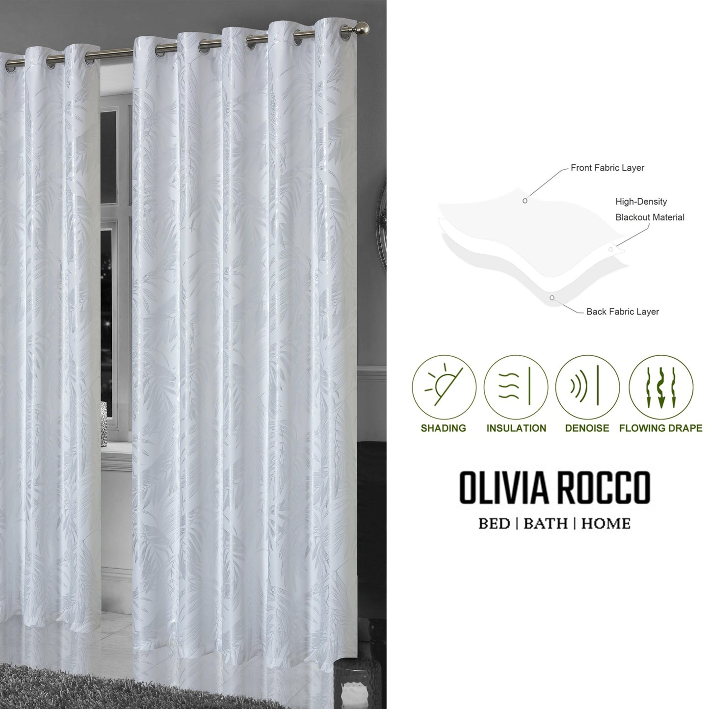 OLIVIA ROCCO – Rideaux occultants à œillets motif feuilles blanches scintillantes, super doux, isolés thermiquement pour salon et chambre à coucher, 2 panneaux