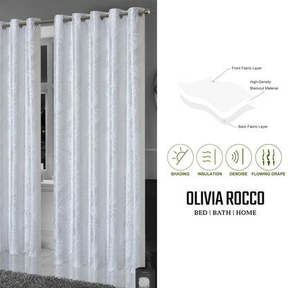 OLIVIA ROCCO – Rideaux occultants à œillets motif feuilles blanches scintillantes, super doux, isolés thermiquement pour salon et chambre à coucher, 2 panneaux