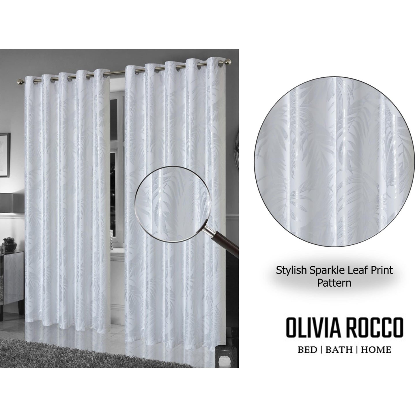 OLIVIA ROCCO – Rideaux occultants à œillets motif feuilles blanches scintillantes, super doux, isolés thermiquement pour salon et chambre à coucher, 2 panneaux
