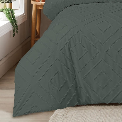 Parure de Lit Housse de Couette Tuftée avec Taies d'Oreiller Grise Blanche Naturelle Élégante Facile d'Entretien Tailles Simple Double King par OLIVIA ROCCO