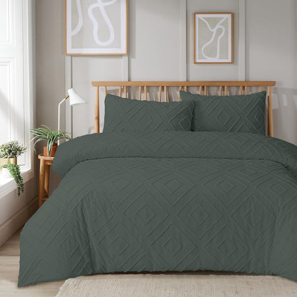 Parure de Lit Housse de Couette Tuftée avec Taies d'Oreiller Grise Blanche Naturelle Élégante Facile d'Entretien Tailles Simple Double King par OLIVIA ROCCO