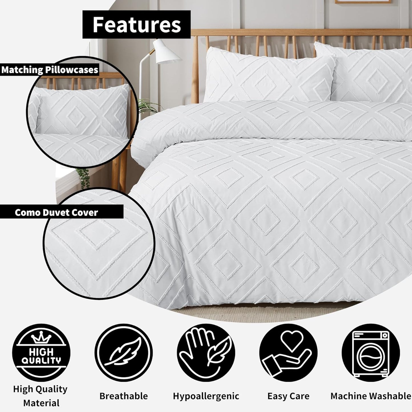 Parure de Lit Housse de Couette Tuftée avec Taies d'Oreiller Grise Blanche Naturelle Élégante Facile d'Entretien Tailles Simple Double King par OLIVIA ROCCO