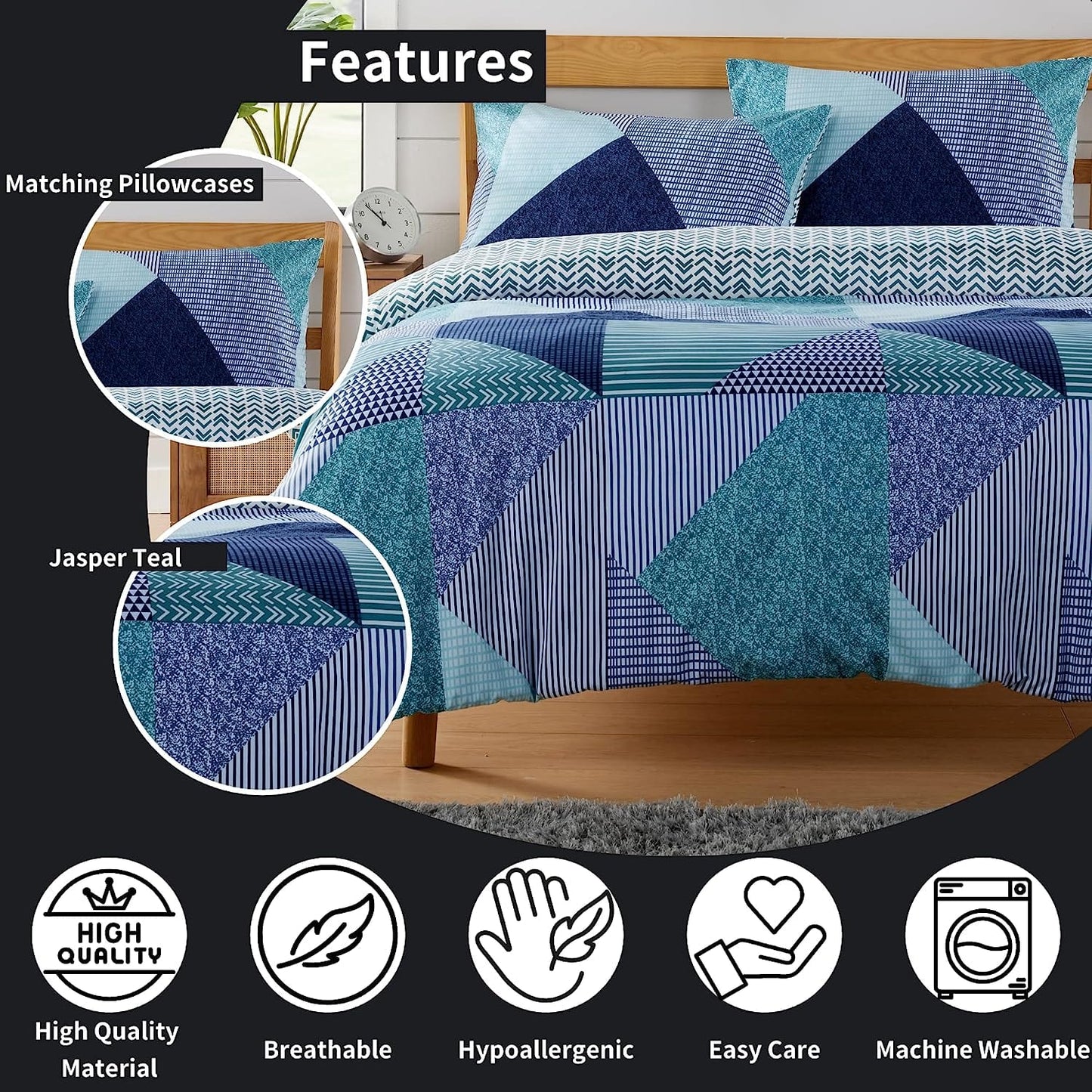 Parure de lit réversible Jasper Teal à imprimé durable avec fermeture boutonnée par OLIVIA ROCCO – Décoration de chambre élégante en tailles simple, double et King – Polyester de qualité supérieure