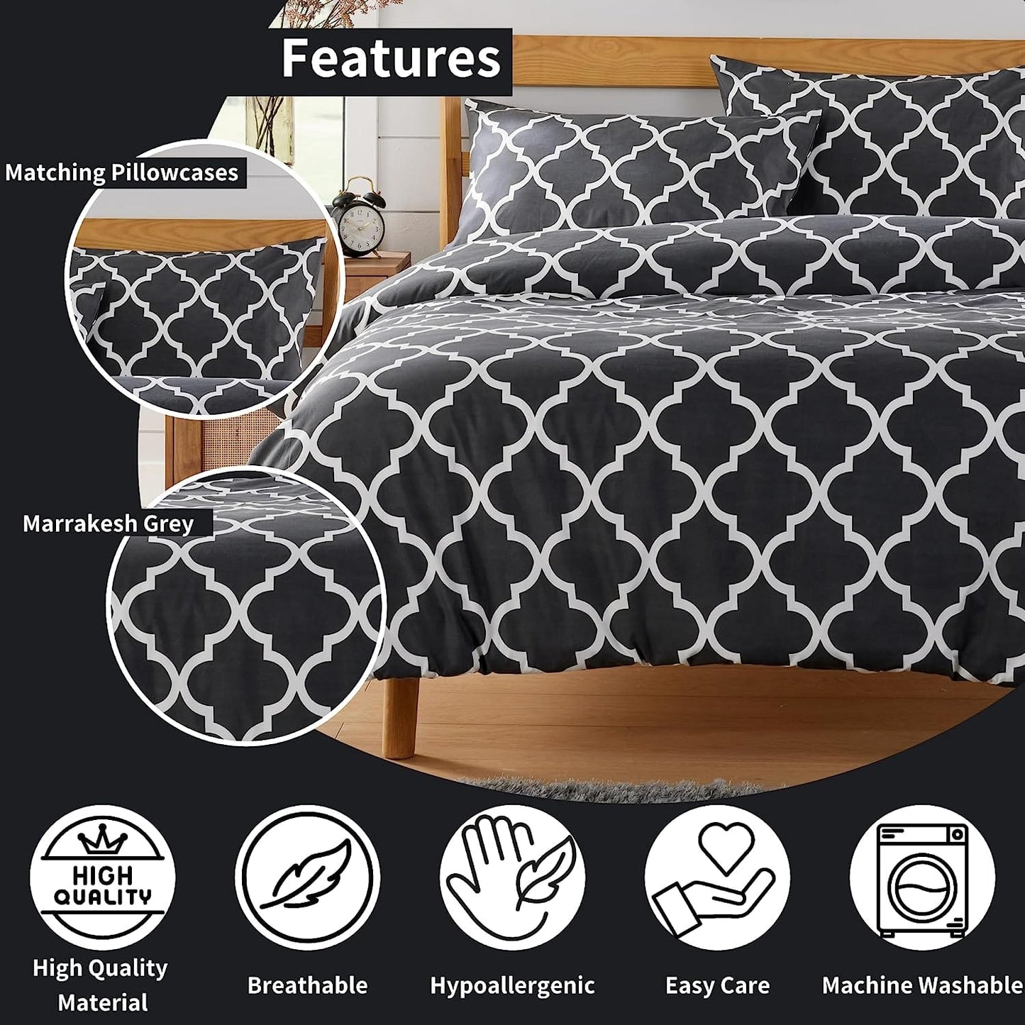Parure de lit imprimée Marrakesh Grey, luxueuse, facile d'entretien, en mélange de polyester, avec taies d'oreiller pour chambre principale, chambres d'amis, dortoirs, durable et confortable par OLIVIA ROCCO