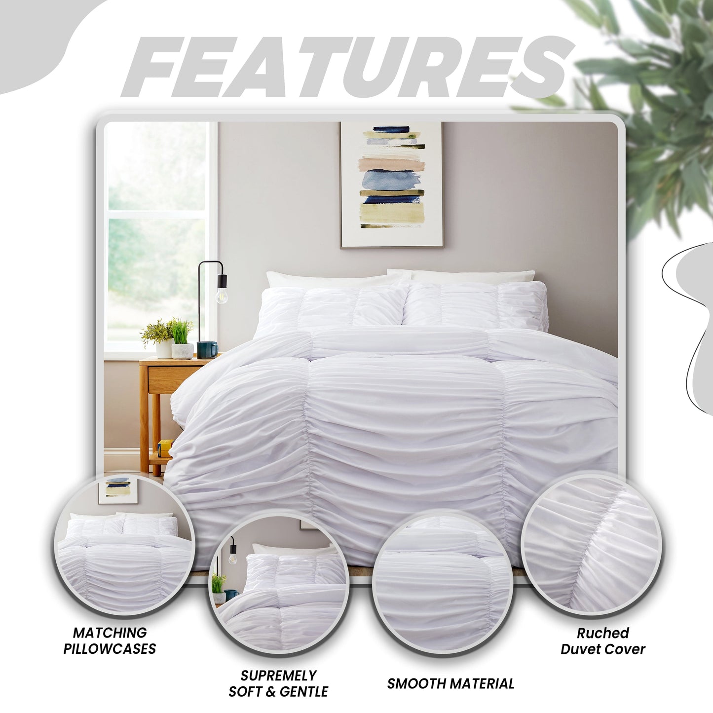 Parure de Lit Housse de Couette et Taies d'Oreiller en Microfibre Blanche Froncée Volants Ultra Douce Entretien Facile par OLIVIA ROCCO