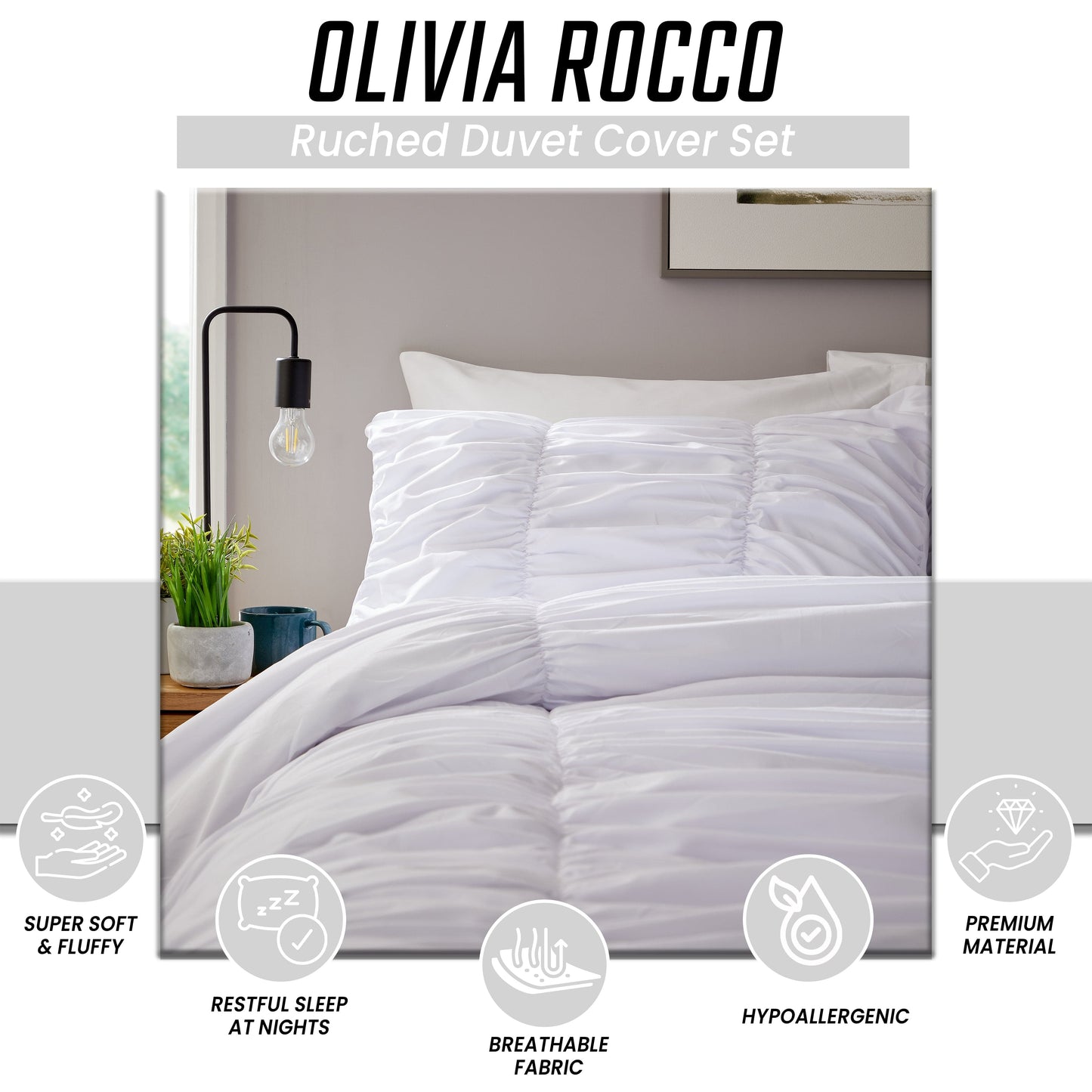 Parure de Lit Housse de Couette et Taies d'Oreiller en Microfibre Blanche Froncée Volants Ultra Douce Entretien Facile par OLIVIA ROCCO