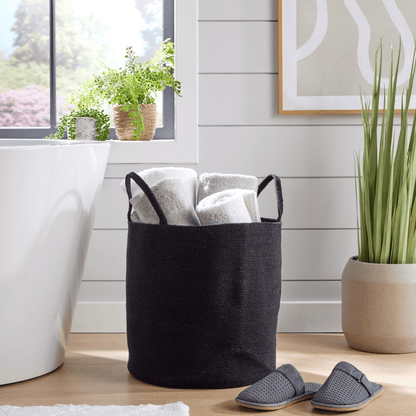 Grand panier à linge en coton tressé avec poignées, bac de rangement durable en corde pour vêtements, jouets, articles ménagers, organiseur polyvalent en noir, gris et naturel, OLIVIA ROCCO