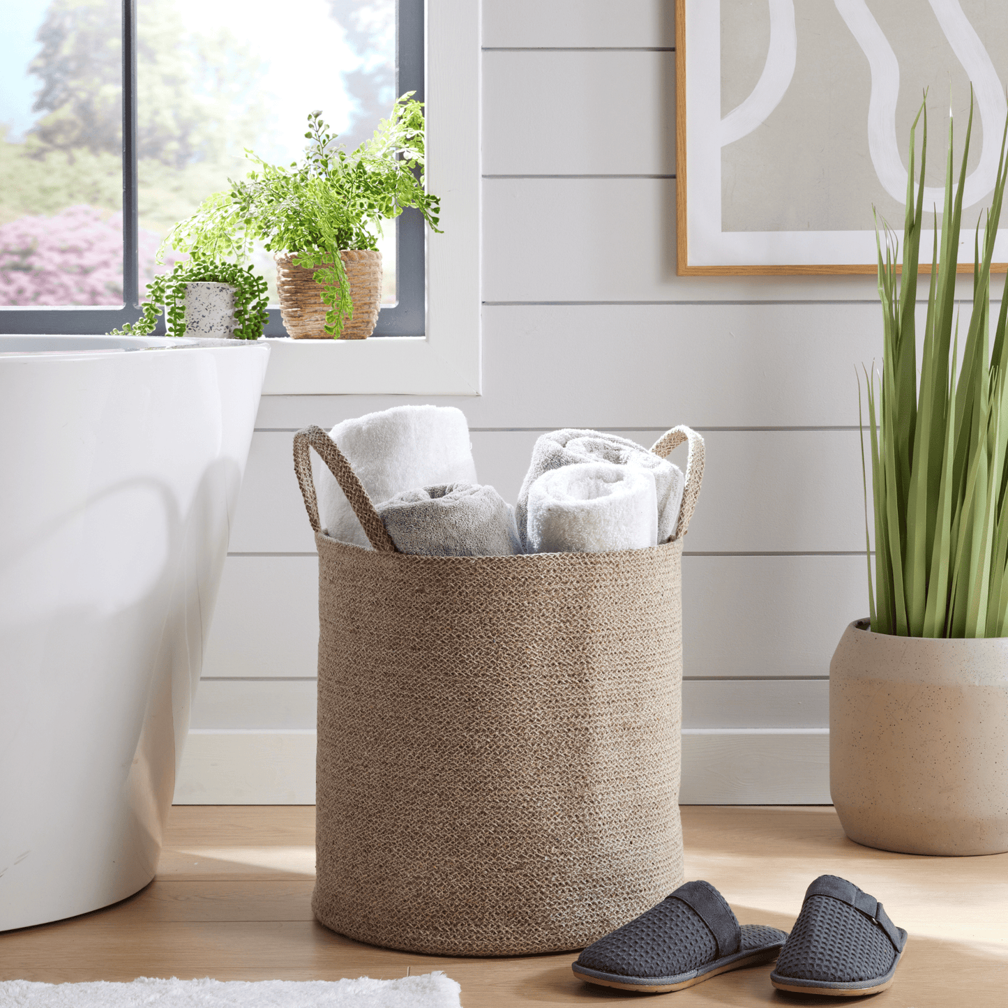 Grand panier à linge en coton tressé avec poignées, bac de rangement durable en corde pour vêtements, jouets, articles ménagers, organiseur polyvalent en noir, gris et naturel, OLIVIA ROCCO