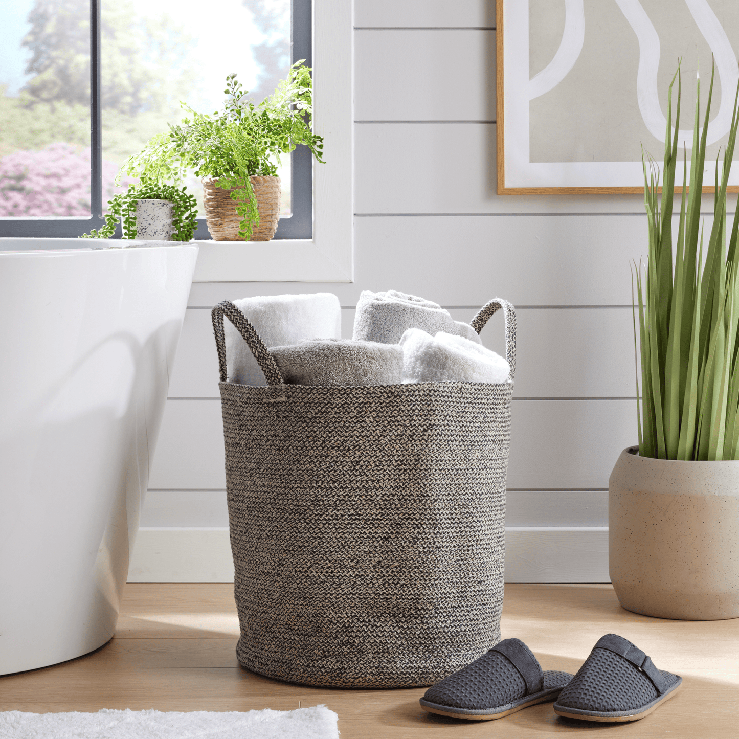 Grand panier à linge en coton tressé avec poignées, bac de rangement durable en corde pour vêtements, jouets, articles ménagers, organiseur polyvalent en noir, gris et naturel, OLIVIA ROCCO
