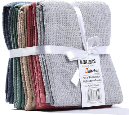 Lot de 5 torchons de cuisine gaufrés ultra absorbants en coton doux de qualité supérieure, couleurs assorties, durables pour la maison et la restauration par OLIVIA ROCCO