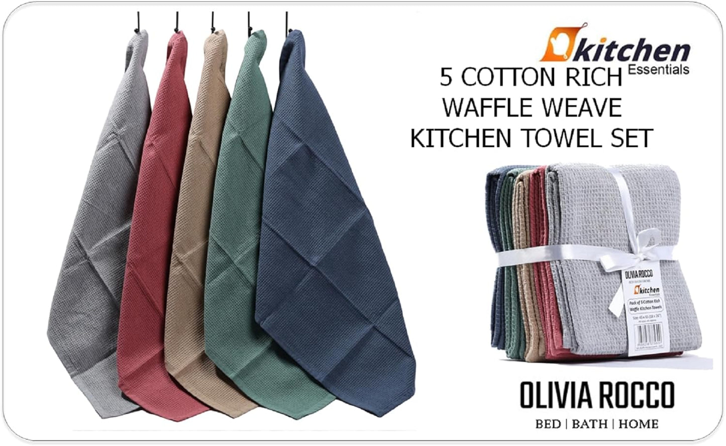 Lot de 5 torchons de cuisine gaufrés ultra absorbants en coton doux de qualité supérieure, couleurs assorties, durables pour la maison et la restauration par OLIVIA ROCCO