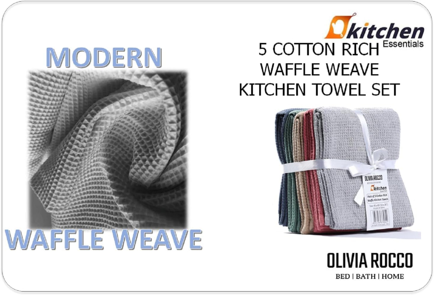 Lot de 5 torchons de cuisine gaufrés ultra absorbants en coton doux de qualité supérieure, couleurs assorties, durables pour la maison et la restauration par OLIVIA ROCCO