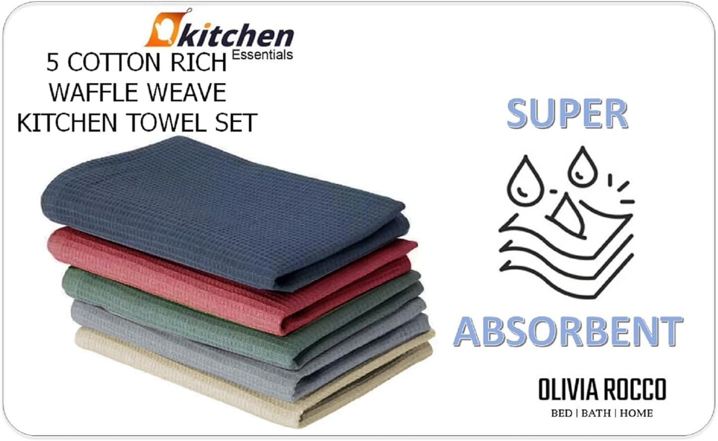 Lot de 5 torchons de cuisine gaufrés ultra absorbants en coton doux de qualité supérieure, couleurs assorties, durables pour la maison et la restauration par OLIVIA ROCCO