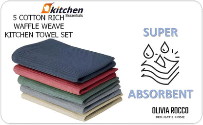 Lot de 5 torchons de cuisine gaufrés ultra absorbants en coton doux de qualité supérieure, couleurs assorties, durables pour la maison et la restauration par OLIVIA ROCCO