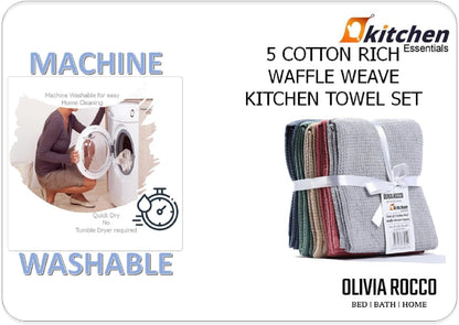 Lot de 5 torchons de cuisine gaufrés ultra absorbants en coton doux de qualité supérieure, couleurs assorties, durables pour la maison et la restauration par OLIVIA ROCCO