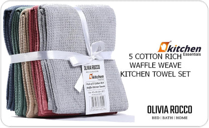 Lot de 5 torchons de cuisine gaufrés ultra absorbants en coton doux de qualité supérieure, couleurs assorties, durables pour la maison et la restauration par OLIVIA ROCCO