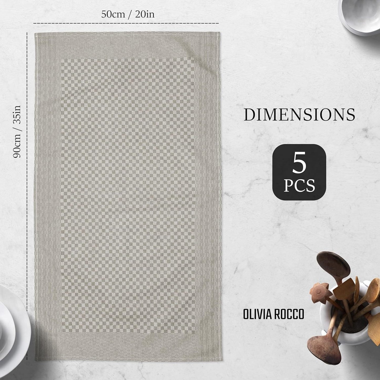 Lot de 5 torchons en coton 100% grand format super absorbants séchage rapide résistants à carreaux pour cuisine maison et usage professionnel par OLIVIA ROCCO