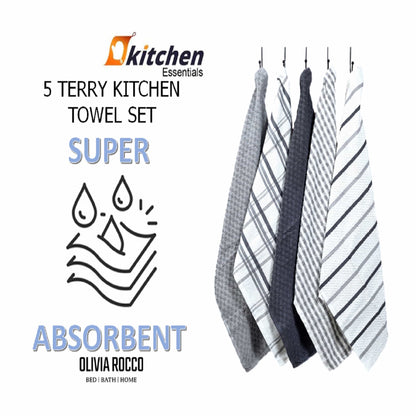 OLIVIA ROCCO 5 Pack Cotton Terry Kitchen Towels 45x65cm Super Absorbent Quick Drying
