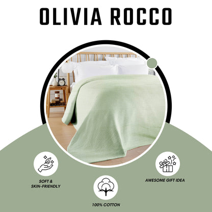 OLIVIA ROCCO Florian Checked Throw Blanket Sage Green 100% Cotton Bedspread For Sofas