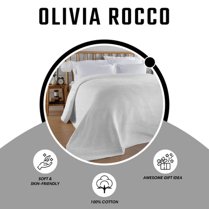 OLIVIA ROCCO Florian Checked Throw Blanket White 100% Cotton Bedspread For Sofa And Bed