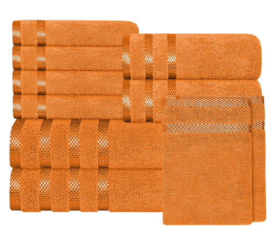 Serviettes Belmont Viscose Rayé Orange 100% Coton Qualité Hôtelière Super Absorbant Lot de 10 pièces, 4 Serviettes de Toilette & 12 Gants de Toilette par OLIVIA ROCCO
