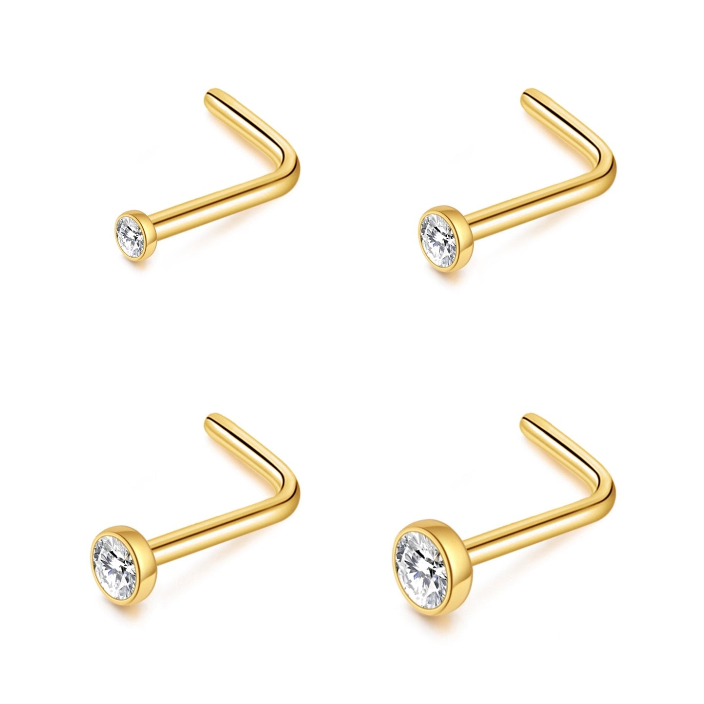 Pack of 4 L Shaped Bezel Set Gold Stainless Steel Nose Studs Created with Zircondia® Crystals