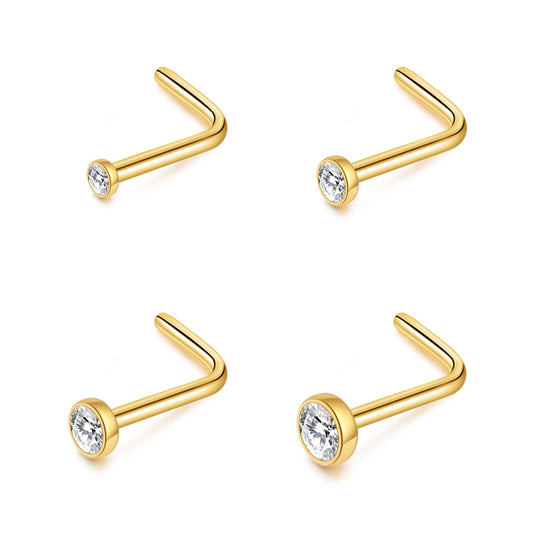 Pack of 4 L Shaped Bezel Set Gold Stainless Steel Nose Studs Created with Zircondia® Crystals