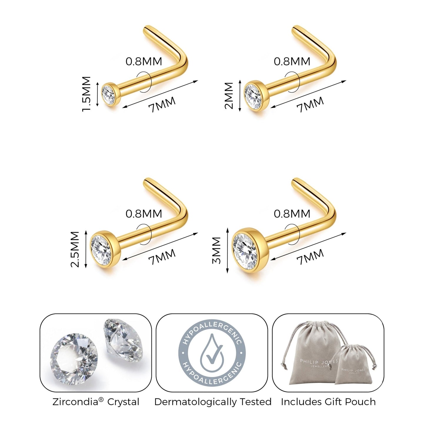 Pack of 4 L Shaped Bezel Set Gold Stainless Steel Nose Studs Created with Zircondia® Crystals