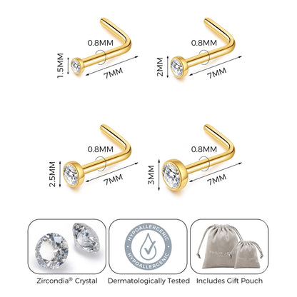 Pack of 4 L Shaped Bezel Set Gold Stainless Steel Nose Studs Created with Zircondia® Crystals
