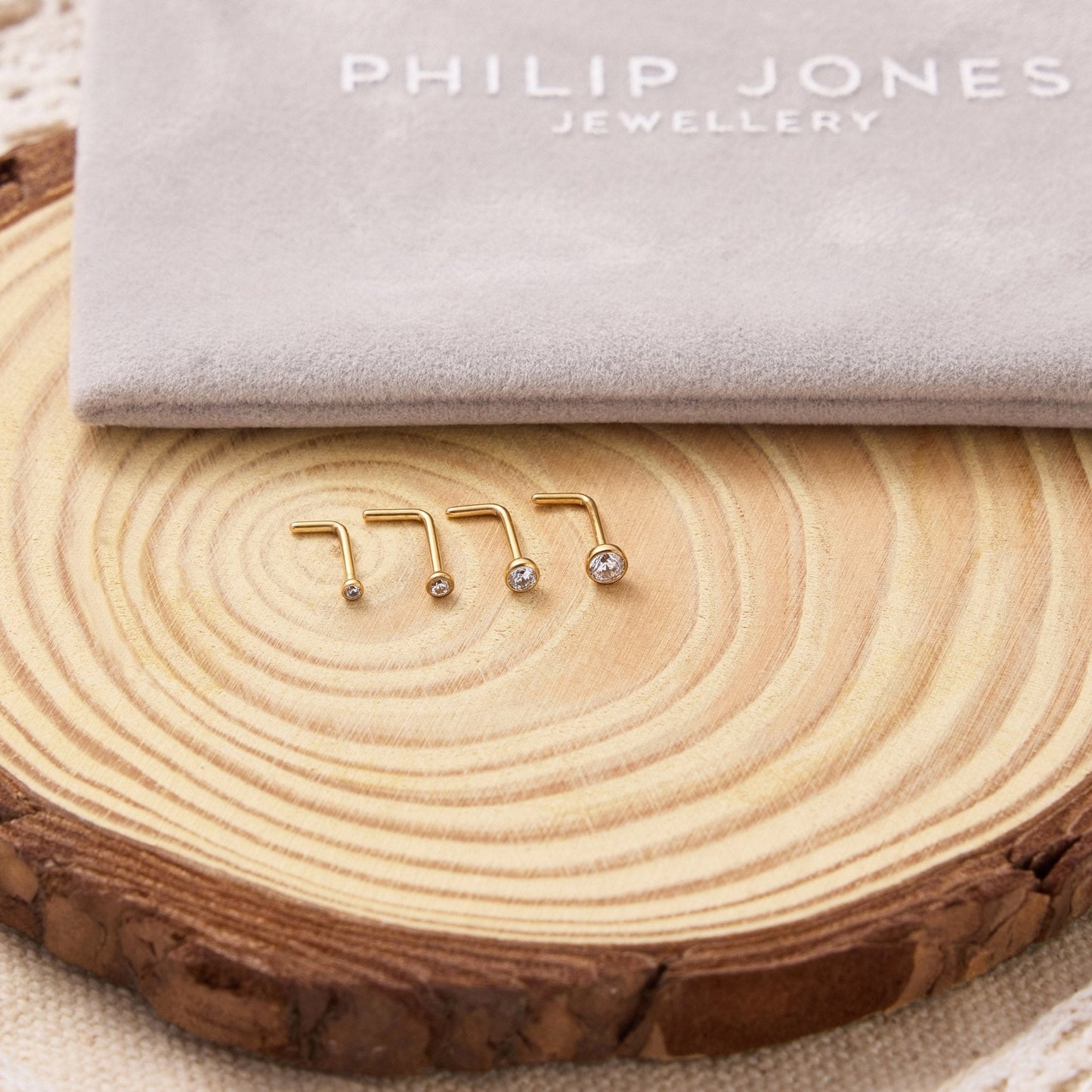 Pack of 4 L Shaped Bezel Set Gold Stainless Steel Nose Studs Created with Zircondia® Crystals