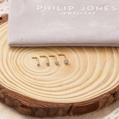 Pack of 4 L Shaped Bezel Set Gold Stainless Steel Nose Studs Created with Zircondia® Crystals
