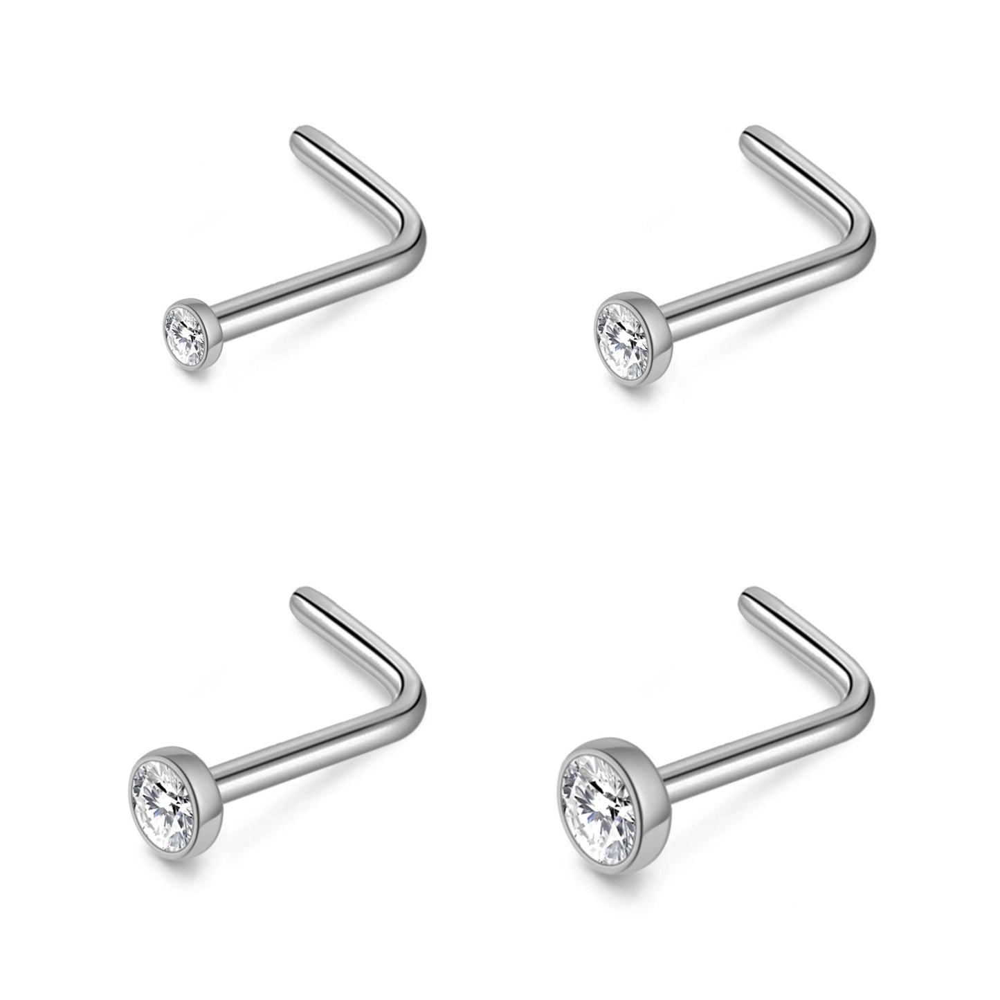 Pack of 4 L Shaped Bezel Set Stainless Steel Nose Studs Created with Zircondia® Crystals