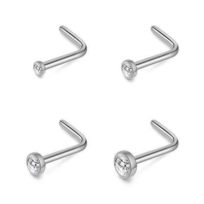 Pack of 4 L Shaped Bezel Set Stainless Steel Nose Studs Created with Zircondia® Crystals