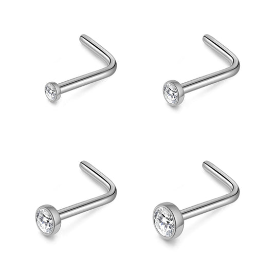 Pack of 4 L Shaped Bezel Set Stainless Steel Nose Studs Created with Zircondia® Crystals