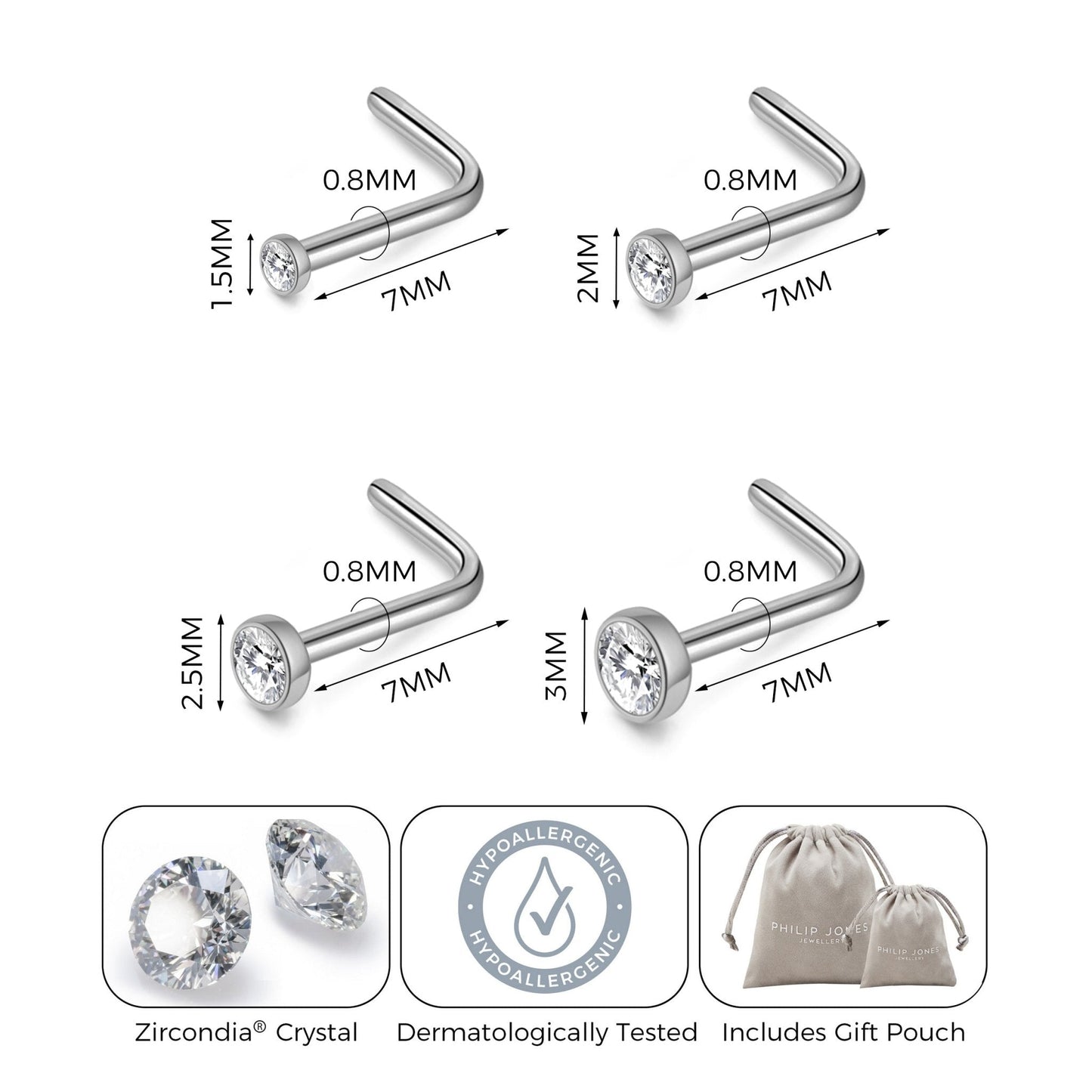 Pack of 4 L Shaped Bezel Set Stainless Steel Nose Studs Created with Zircondia® Crystals