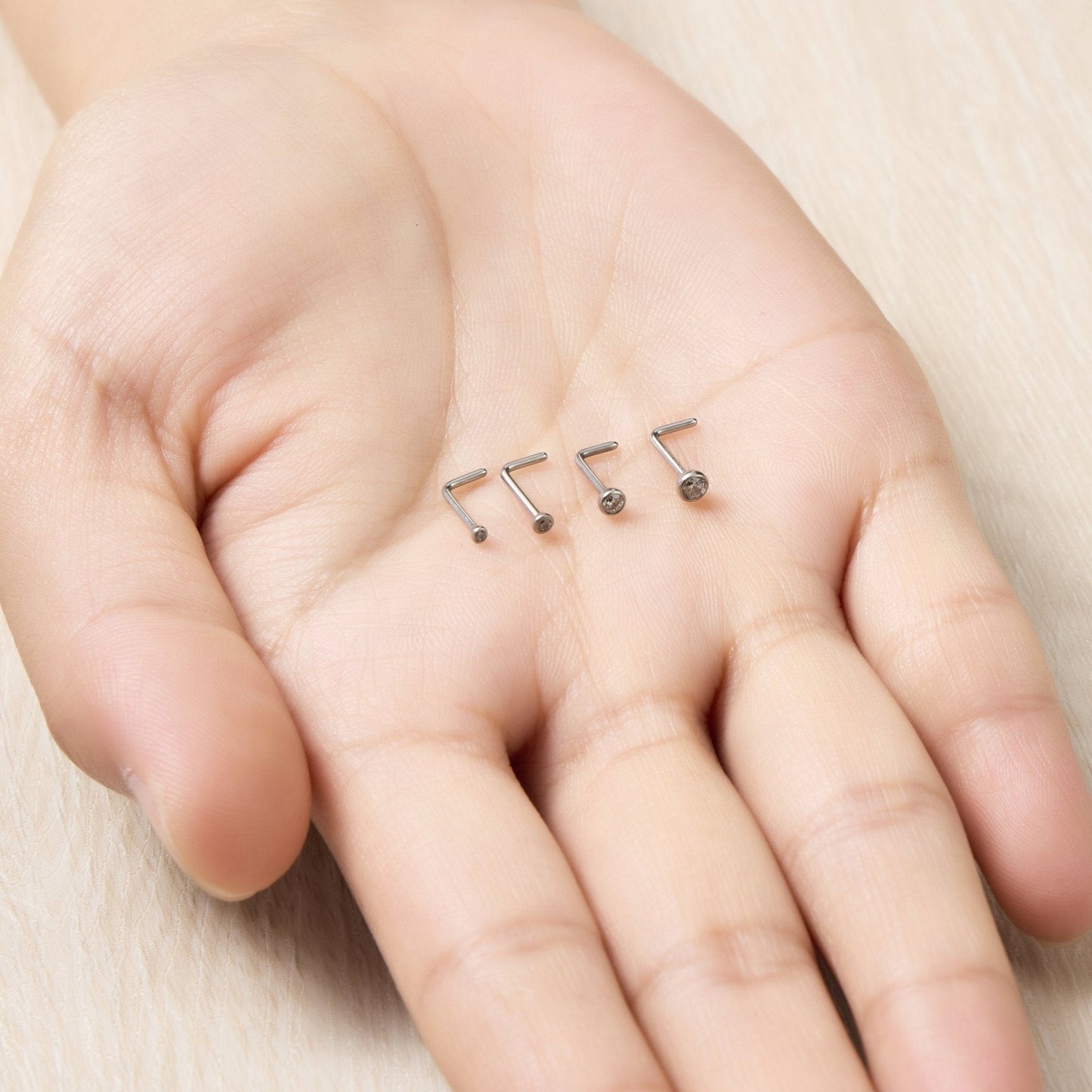 Pack of 4 L Shaped Bezel Set Stainless Steel Nose Studs Created with Zircondia® Crystals
