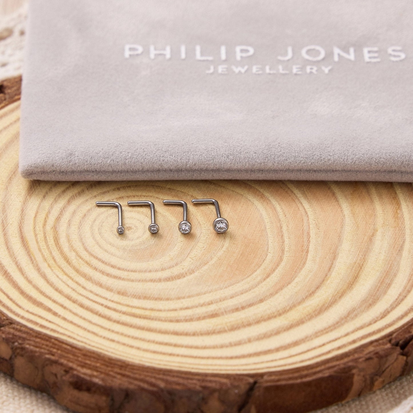 Pack of 4 L Shaped Bezel Set Stainless Steel Nose Studs Created with Zircondia® Crystals