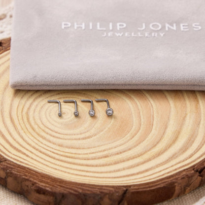 Pack of 4 L Shaped Bezel Set Stainless Steel Nose Studs Created with Zircondia® Crystals