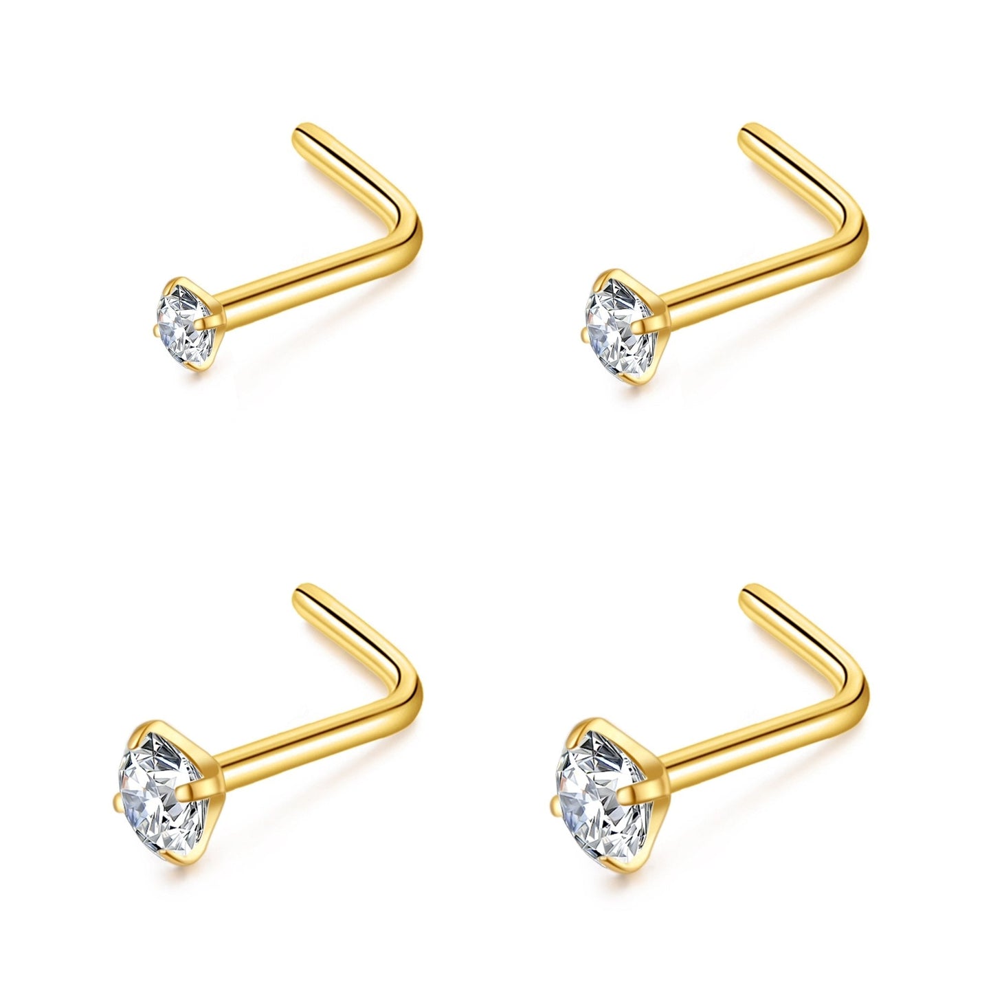 Pack of 4 L Shaped Gold Plated Stainless Steel Nose Studs Created with Zircondia® Crystals