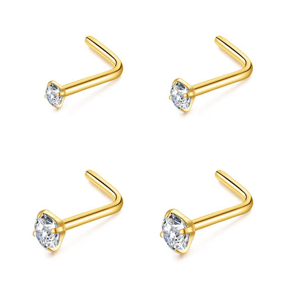 Pack of 4 L Shaped Gold Plated Stainless Steel Nose Studs Created with Zircondia® Crystals