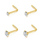 Pack of 4 L Shaped Gold Plated Stainless Steel Nose Studs Created with Zircondia® Crystals