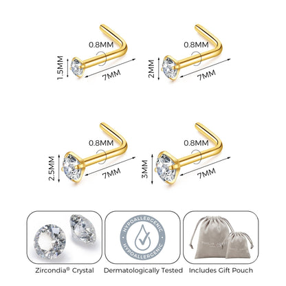 Pack of 4 L Shaped Gold Plated Stainless Steel Nose Studs Created with Zircondia® Crystals