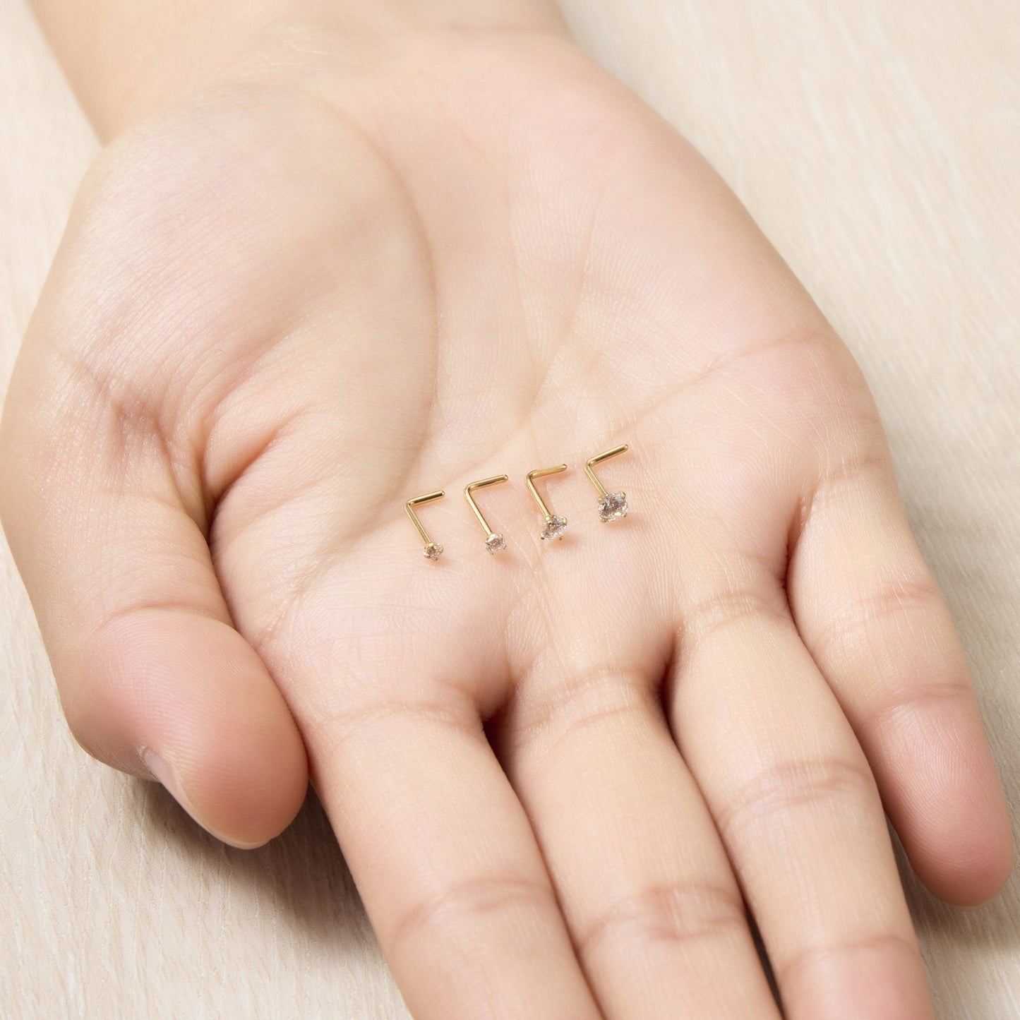 Pack of 4 L Shaped Gold Plated Stainless Steel Nose Studs Created with Zircondia® Crystals