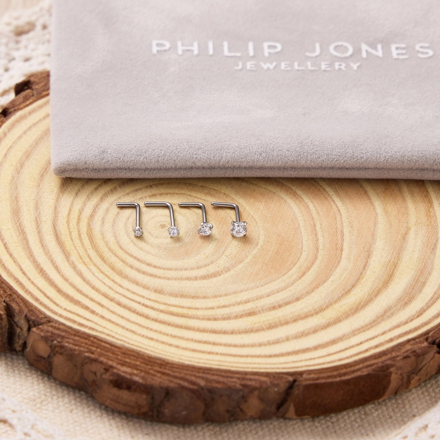 Pack of 4 L Shaped Stainless Steel Nose Studs Created with Zircondia® Crystals