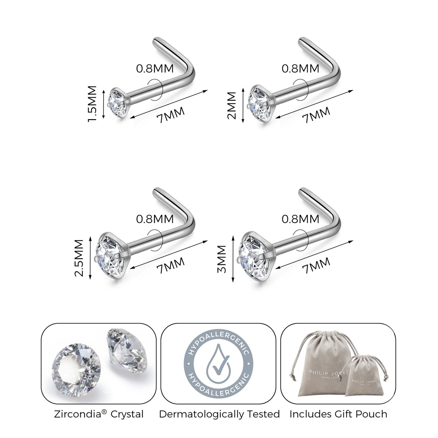 Pack of 4 L Shaped Stainless Steel Nose Studs Created with Zircondia® Crystals