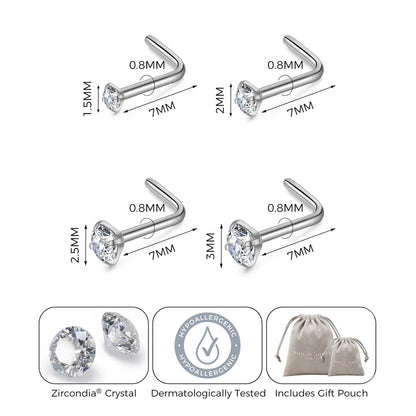 Pack of 4 L Shaped Stainless Steel Nose Studs Created with Zircondia® Crystals