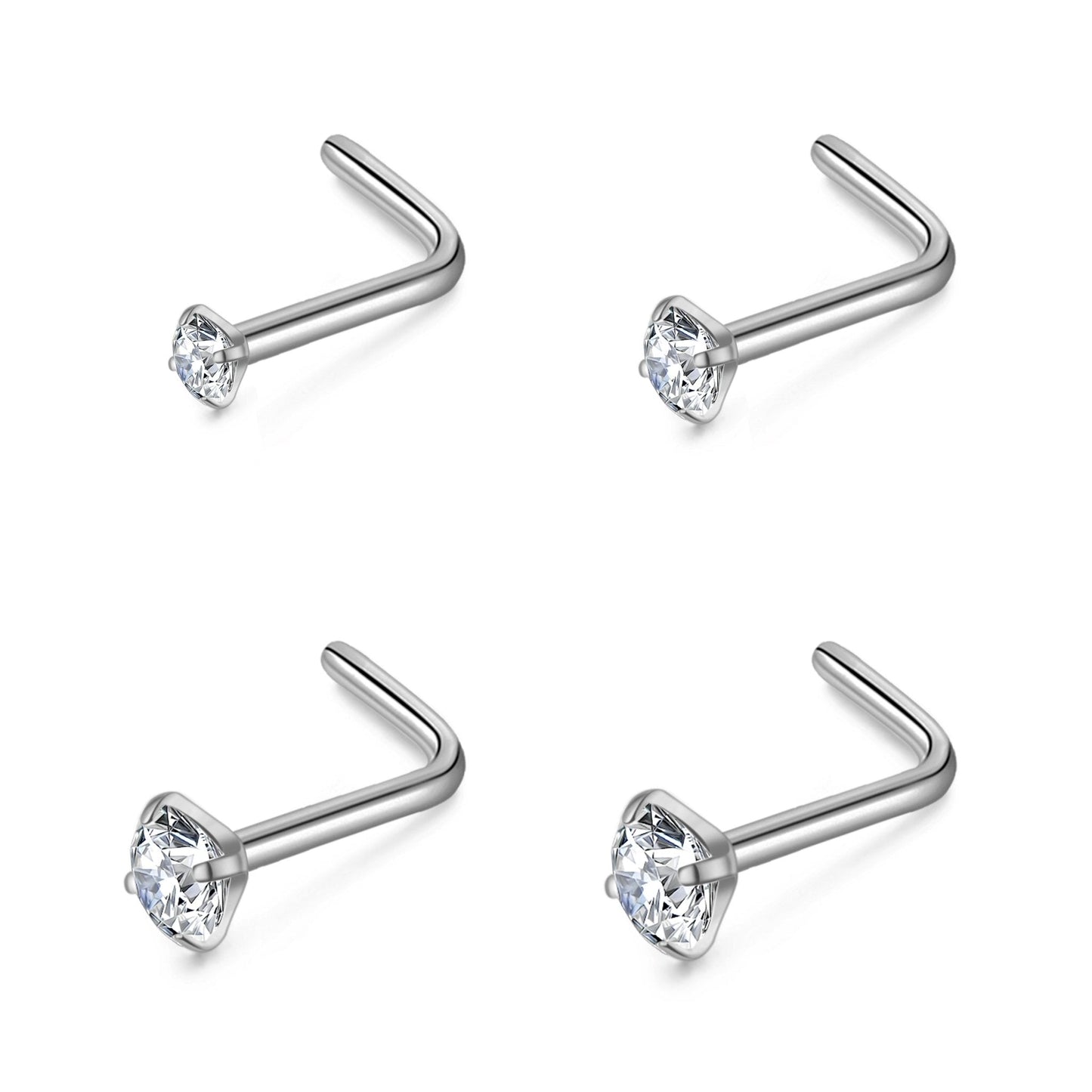 Pack of 4 L Shaped Stainless Steel Nose Studs Created with Zircondia® Crystals