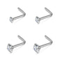 Pack of 4 L Shaped Stainless Steel Nose Studs Created with Zircondia® Crystals